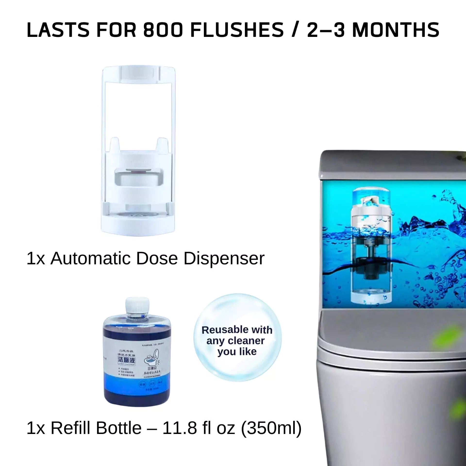 Automatic Toilet Bowl Cleaner for Tank Installation with Refill Bottle