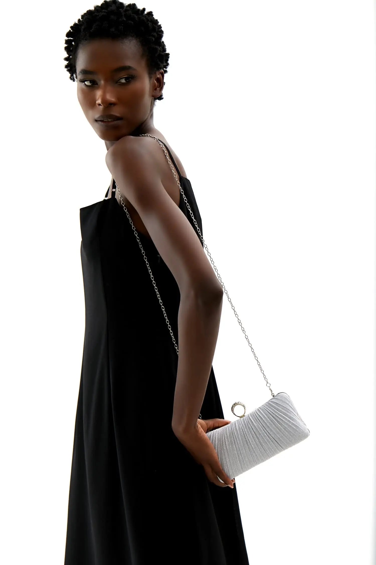 Diamonds Metallic Chainmail with Crystal Ring Clasp Clutch Purse Bag